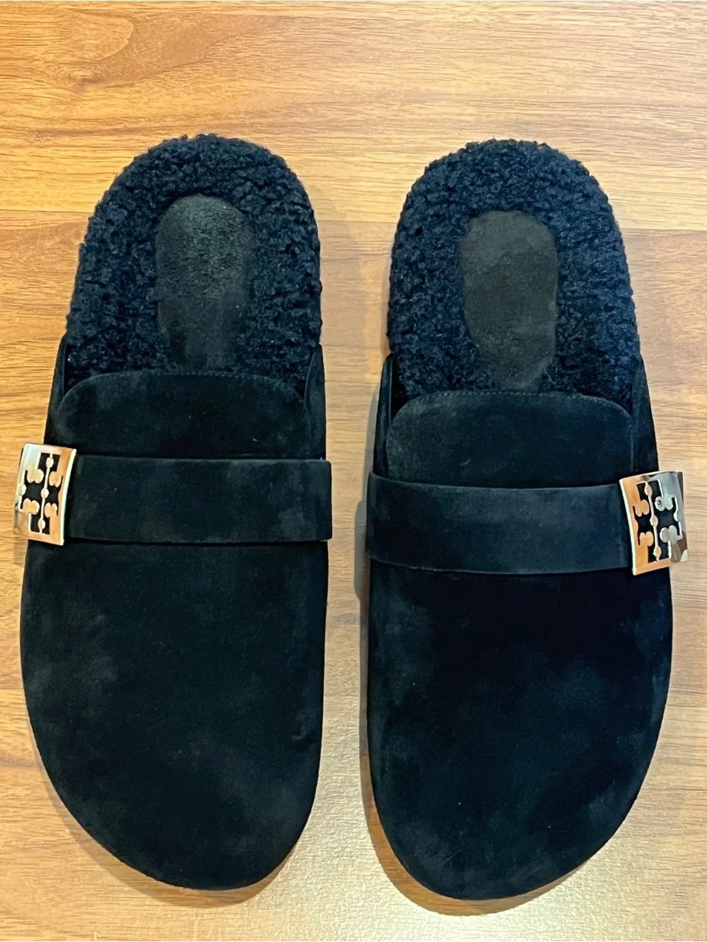 Tory Burch Black Suede Shearling Mellow Mules - size 10 - NWOB